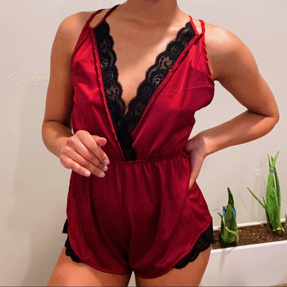 Red Satin Black Lace Teddy